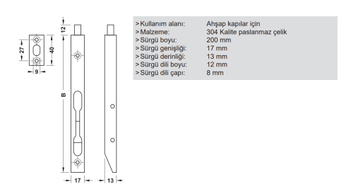 Häfele BOLT 02 - Kapı Sürgüsü 203 mm 911.62.942