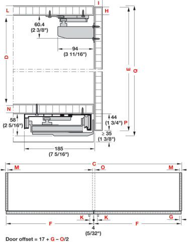 Häfele Kayar kapı donanımı Finetta F-Flush52 20B 7–20 kg 185 mm 406.11.304