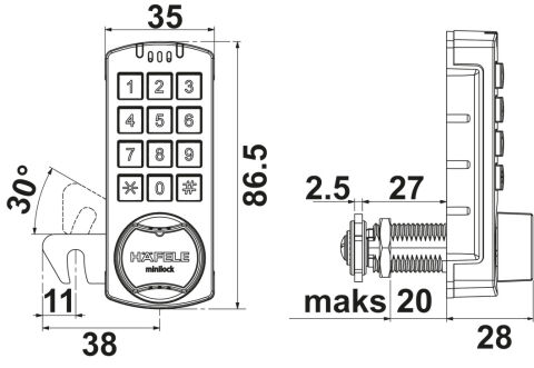 Häfele Rakam Kombinasyonlu Kilit Mini Lock Elektronik Yüzeye Montaj 225.12.354