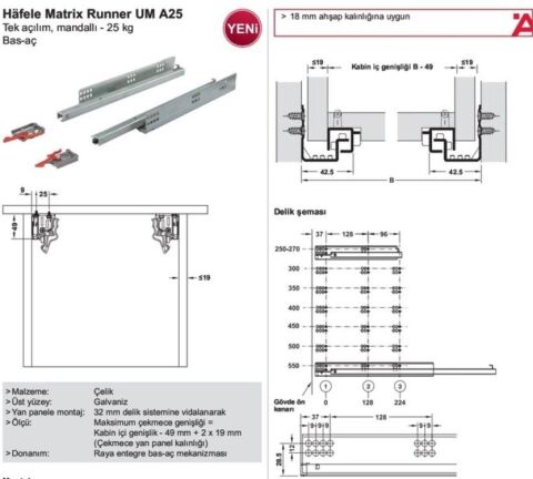 Häfele MATRIX UM A25 Gizli ray tek a.bas-aç 300 433.03.372