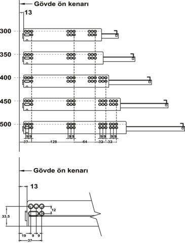 Häfele POW Gizli Ray Yavaşlatıcılı Mandallı Tek Açılım Max. çekmece genişliği = 300 mm 433.03.932