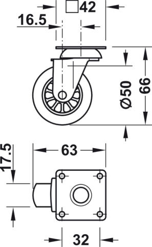 Häfele Mobilya tekerleği Yük taşıma kapasitesi 25 kg 50 mm 661.39.961