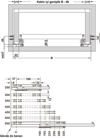 Häfele MATRIX UMS25 Gizli ray tek aç. yvş. 450 450 mm 433.08.796