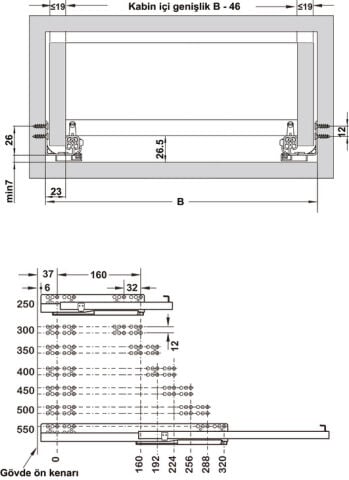 Häfele MATRIX UMS25 Gizli ray tek aç. yvş. 500 500 mm 433.08.797