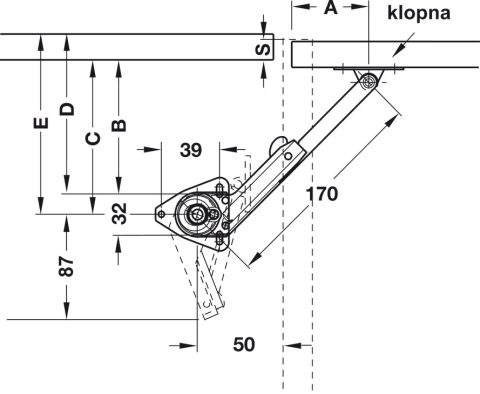 Häfele Kalkar kapak mafsallı ahşap kapaklar 300–450 mm ≤2,85 kg 170 mm sol 365.31.611