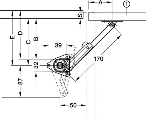 Häfele Kalkar kapak mafsallı ahşap kapaklar 300–450 mm ≤2,85 kg 170 mm sol 365.31.611
