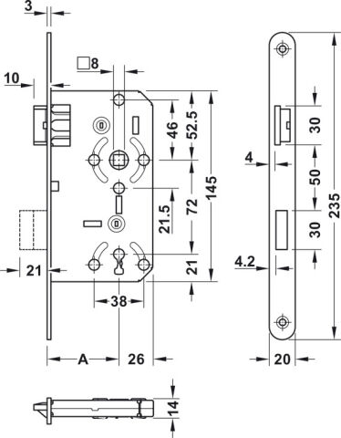 Metal Dilli Gömme Kapı Kilidi, Hafele H55.02 (Oda Tipi)