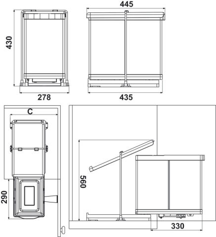 Häfele CLEVER D Otomatik açma kollu çöp kutusu çift 278x445x430 mm Paslanmaz çelik 503.18.542