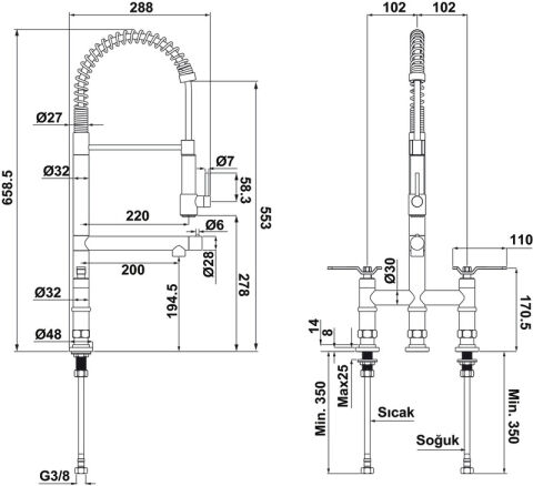 Häfele LOFT Eviye bataryası Spiralli Çift Kumanda Kollu 658,50 mm Titanyum Mat 578.55.000