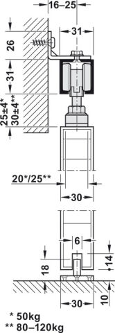 Häfele Kayar kapı donanımı 120A - ≤120 kg 940.60.055