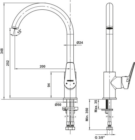 Häfele VOG Eviye Bataryası Spiralsiz Tek Kumanda Kollu 348 mm Mat siyah 589.81.013